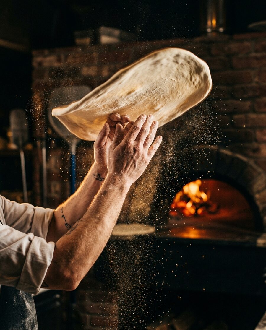 Fresh pizza dough being hand-tossed in the air at JD's Pizza